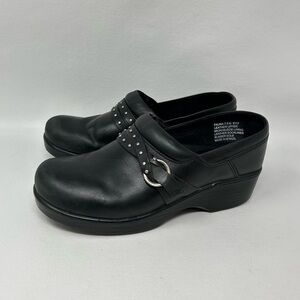 ABEO " Fauna" women's 7.5N black leather slip on clogs Studded embellishments